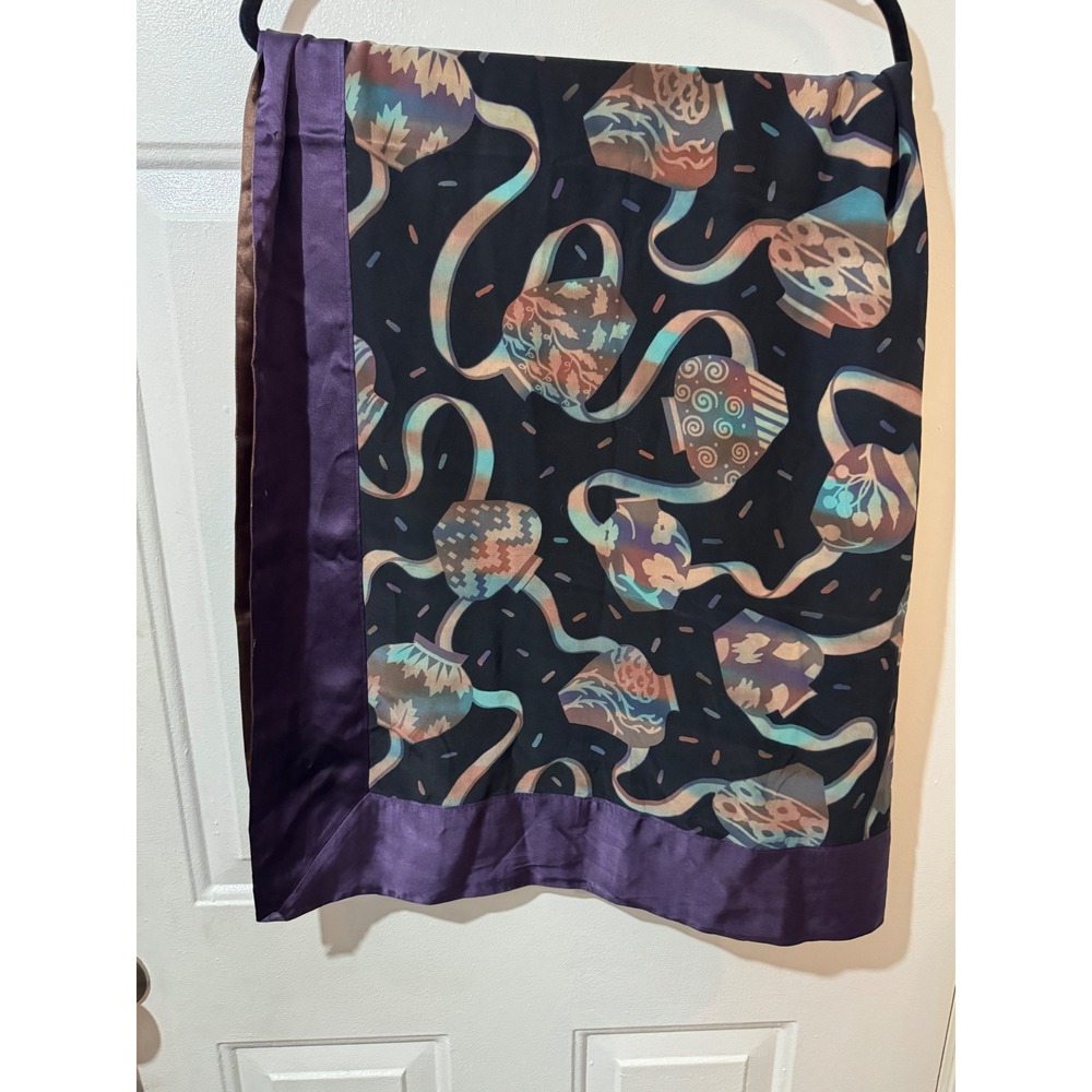 Sally Jones Reversible Silk Scarf Black Purple Bronze Abstract Urn Pattern